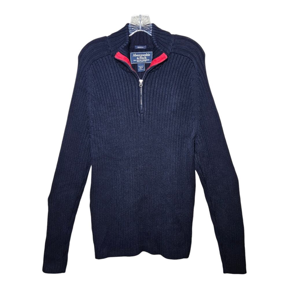 ABERCROMBIE & FITCH Men XL Sweater Muscle Ribbed 1/4 Zip Y2K Navy Red Preppy 46"